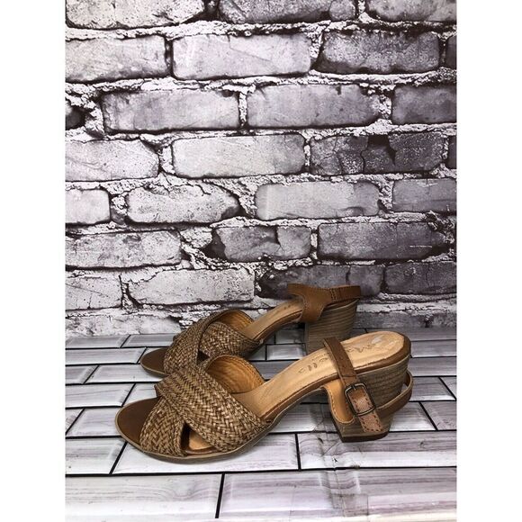 Mariella Brown Leather Woven Cross AnkleStrap Heel Sandals Women Sz 7.5M US/38EU - Picture 1 of 16